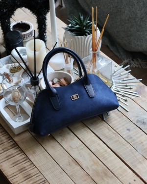 lacivert süet çift fermuar detaylı el omuz çantası