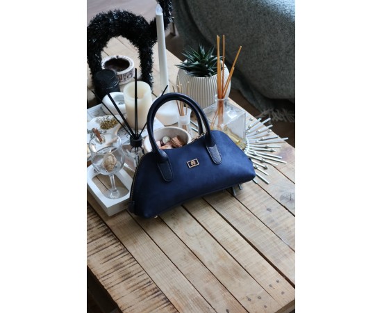 lacivert süet çift fermuar detaylı el omuz çantası