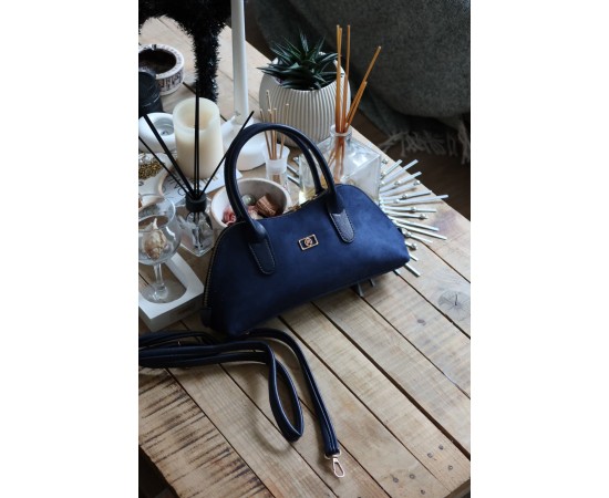 lacivert süet çift fermuar detaylı el omuz çantası