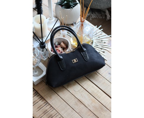 siyah süet çift fermuar detaylı el omuz çantası