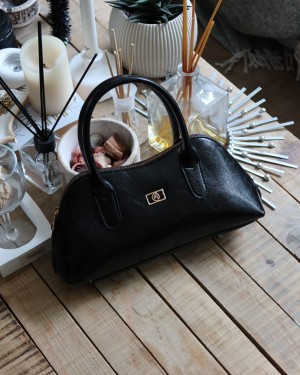 siyah parlak çift fermuar detaylı el omuz çantası