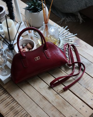 bordo parlak çift fermuar detaylı el omuz çantası