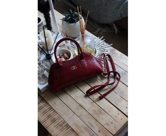 bordo parlak çift fermuar detaylı el omuz çantası