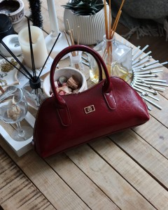 bordo parlak çift fermuar detaylı el omuz çantası