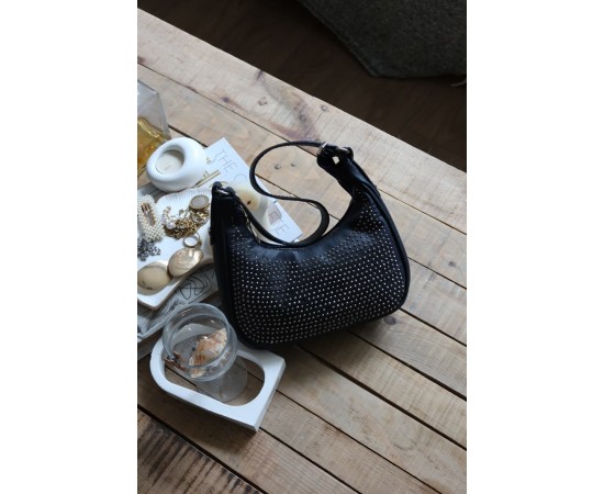 siyah taş işleme askılı omuz çantası siyah taş işleme askılı omuz çantası