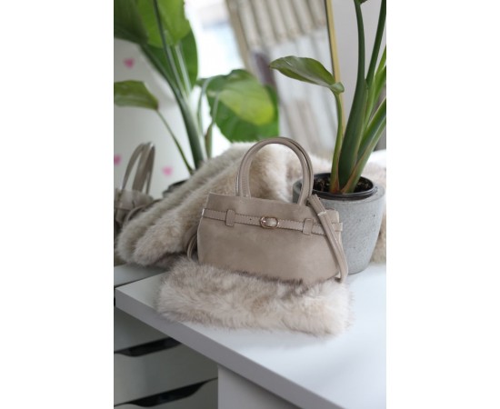 krem süet mini boy gold toka detaylı el omuz çantası 