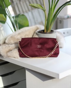 bordo süet zincir aksesuar detaylı el & omuz çantası 