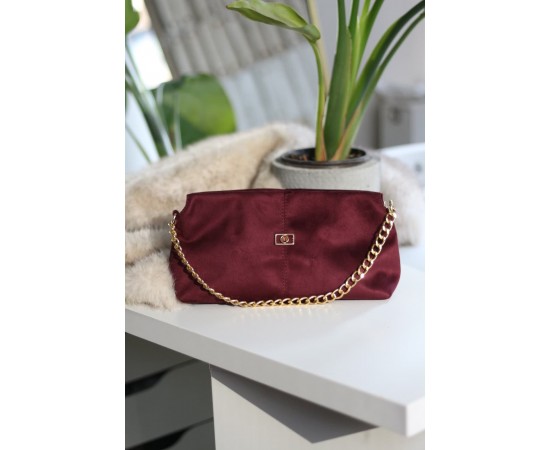 bordo süet zincir aksesuar detaylı el & omuz çantası 