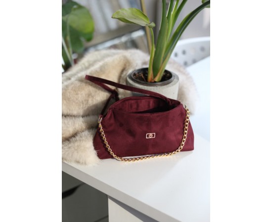 bordo süet zincir aksesuar detaylı el & omuz çantası 