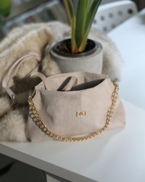 Krem zincir aksesuar detaylı el & omuz çantası 