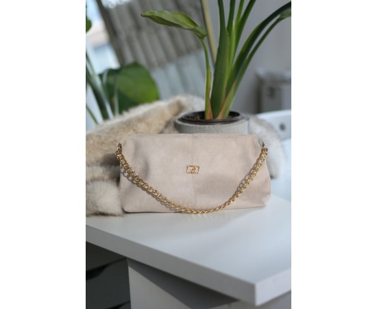 krem süet zincir aksesuar detaylı el & omuz çantası 