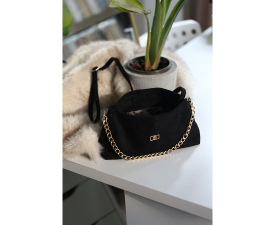 siyah süet zincir aksesuar detaylı el & omuz çantası 