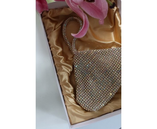 gold renkli taş taşlı üçgen form abiye el çantası 