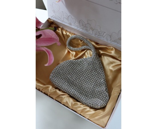 silver taşlı üçgen form abiye el çantası 