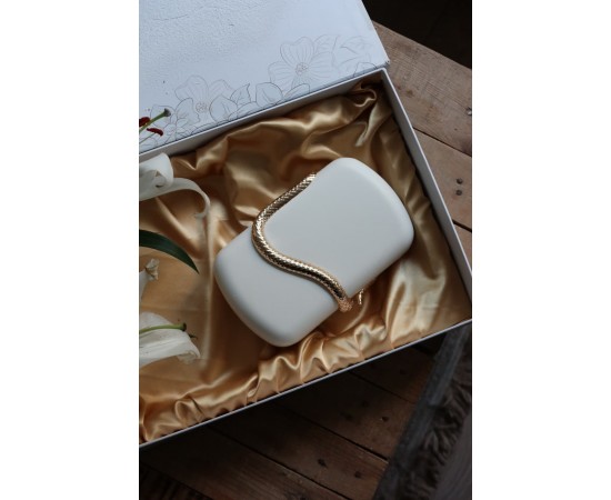 Krem yılan aksesuar detaylı kasa zincirli abiye çanta