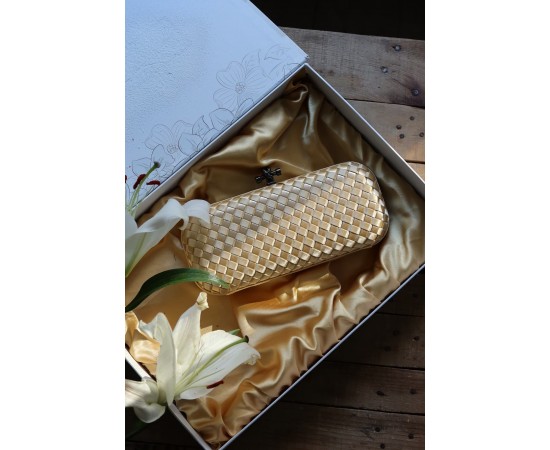 Gold  saten slim baklava desenli kasa abiye el çantası