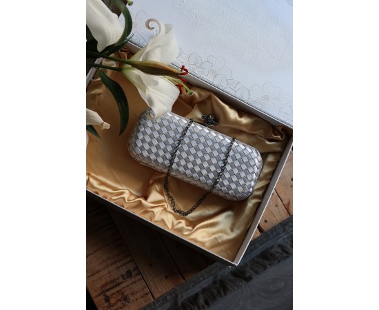 Silver Saten Slim Baklava Desenli Kasa Abiye El Çantası 