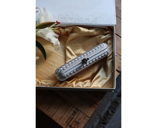 Silver Saten Slim Baklava Desenli Kasa Abiye El Çantası 