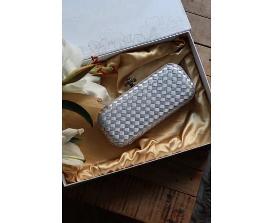 Silver Saten Slim Baklava Desenli Kasa Abiye El Çantası 