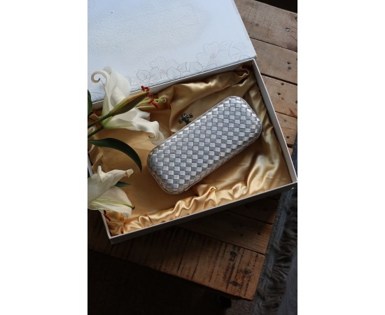 Silver Saten Slim Baklava Desenli Kasa Abiye El Çantası 