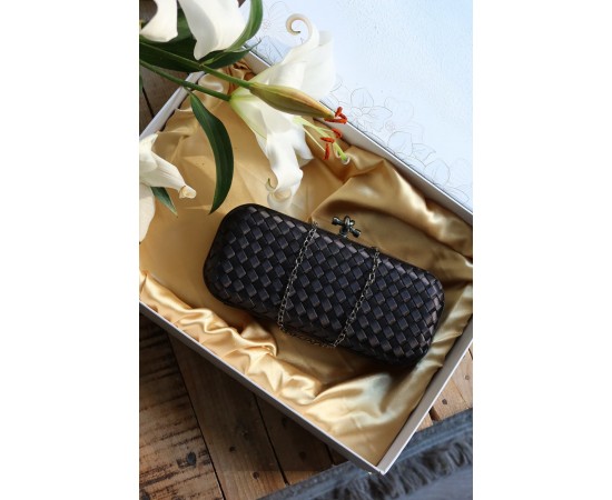 Siyah Saten Slim Baklava Desenli Kasa Abiye El Çantası