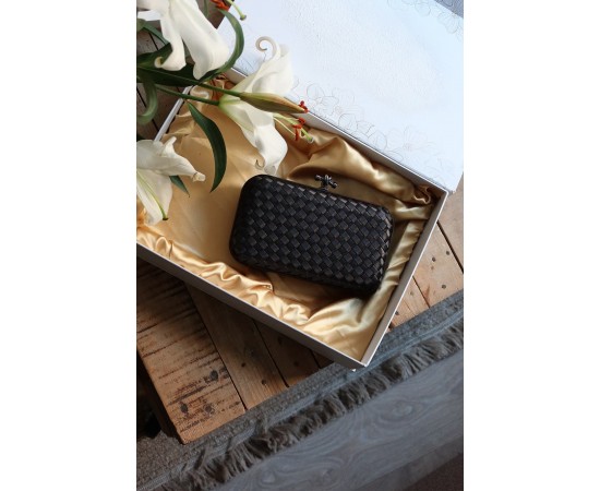 Siyah Saten Standart Baklava Desenli Kasa Abiye El Çantası