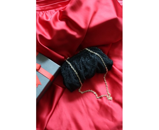 Siyah Taş  Mini Dokuma Burs Detaylı Abiye Çanta