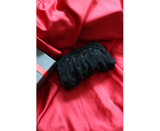 Siyah Taş  Mini Dokuma Burs Detaylı Abiye Çanta