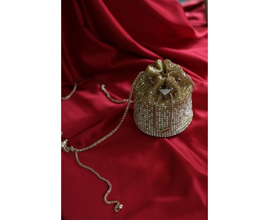 Gold taşlı kristal klips detaylı pouch abiye çanta