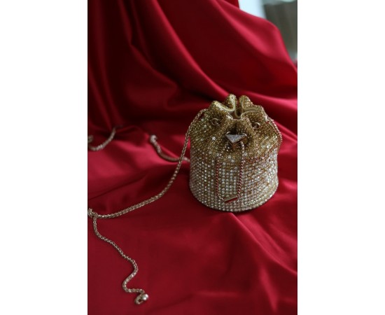 Gold taşlı kristal klips detaylı pouch abiye çanta