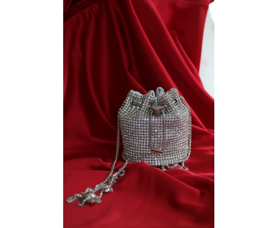 Silver taşlı kristal klips detaylı pouch abiye çanta