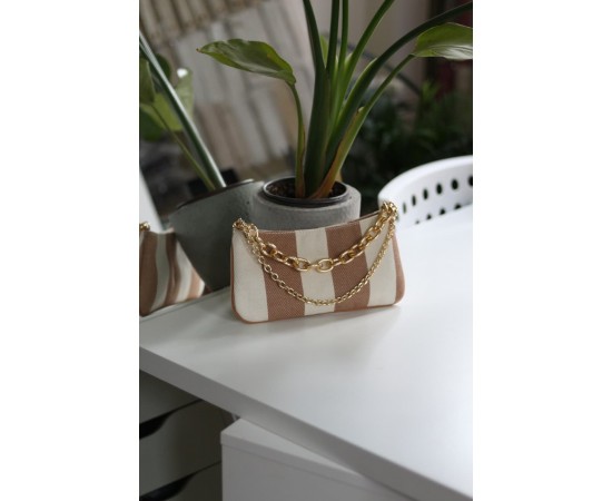 keten karamel  zincir aksesuarlı slim el çantası 