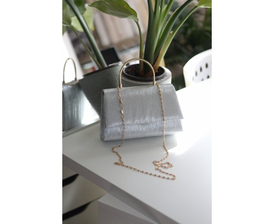 Silver Çizgi Dokulu Metal Tutma Saplı Kapaklı Abiye Çantası