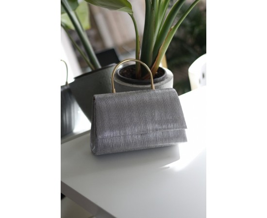 Platin Çizgi Dokulu  Metal Tutma Saplı Kapaklı Abiye Çantası