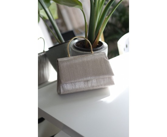 Gold Çizgi Dokulu  Metal Tutma Saplı Kapaklı Abiye Çantası