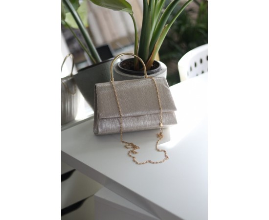 Gold Çizgi Dokulu  Metal Tutma Saplı Kapaklı Abiye Çantası