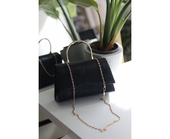 Simli Siyah Çizgi Dokulu  Metal Tutma Saplı Kapaklı Abiye Çantası