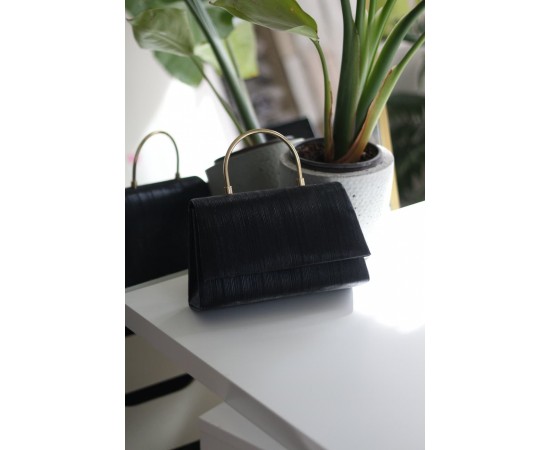 Simli Siyah Çizgi Dokulu  Metal Tutma Saplı Kapaklı Abiye Çantası