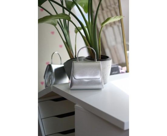 Kadın silver parlak deri metal sap detaylı abiye el omuz çantası