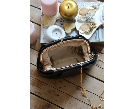 Siyah gold burslu mini pouch el omuz çantası