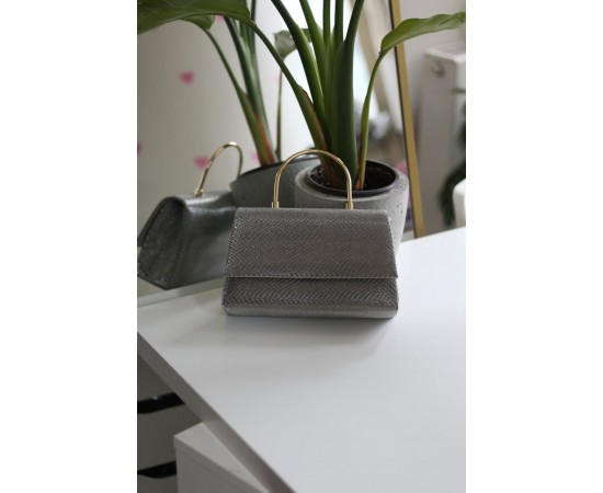 Platin Yılan Derisi Desenli Metal Sap Detaylı El Omuz Çantası