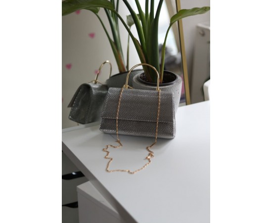 Platin Yılan Derisi Desenli Metal Sap Detaylı El Omuz Çantası