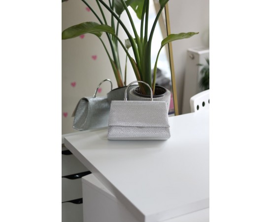 Gümüş Yılan Derisi Desenli Metal Sap Detaylı El Omuz Çantası