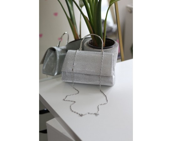 Gümüş Yılan Derisi Desenli Metal Sap Detaylı El Omuz Çantası