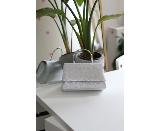 Gümüş Yılan Derisi Desenli Metal Sap Detaylı El Omuz Çantası