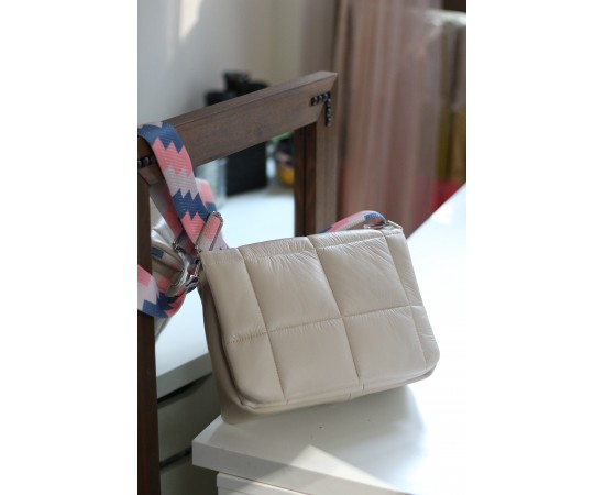 Kadın Krem Kare Desenli Paraşüt Kumaş Omuz Çantası