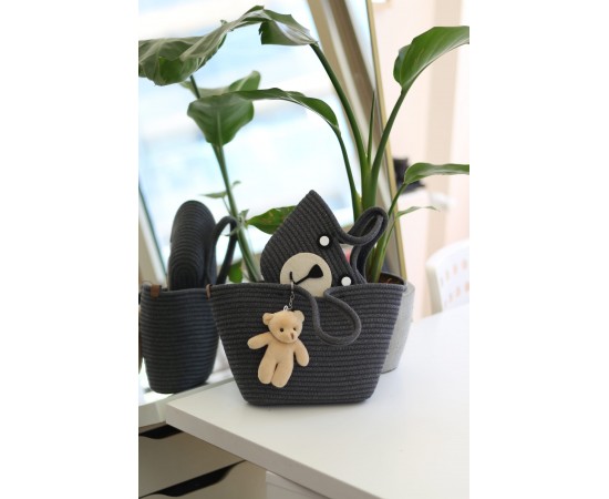 Siyah Örme Aksesuar Detaylı 2'li Anne Kız El Çantası