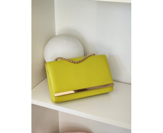 Kadın Neon Yeşil Şerit Detaylı Zincirli Omuz Çantası