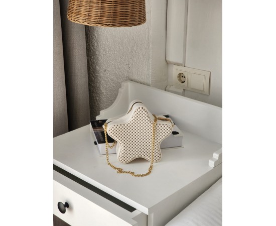 Kadın Krem Silikon Yıldız Formlu Zincir Detaylı Çapraz Çanta