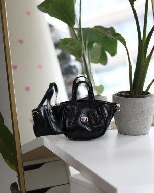 Kadın Siyah Rugan Tutma Saplı Pouch El Çantası